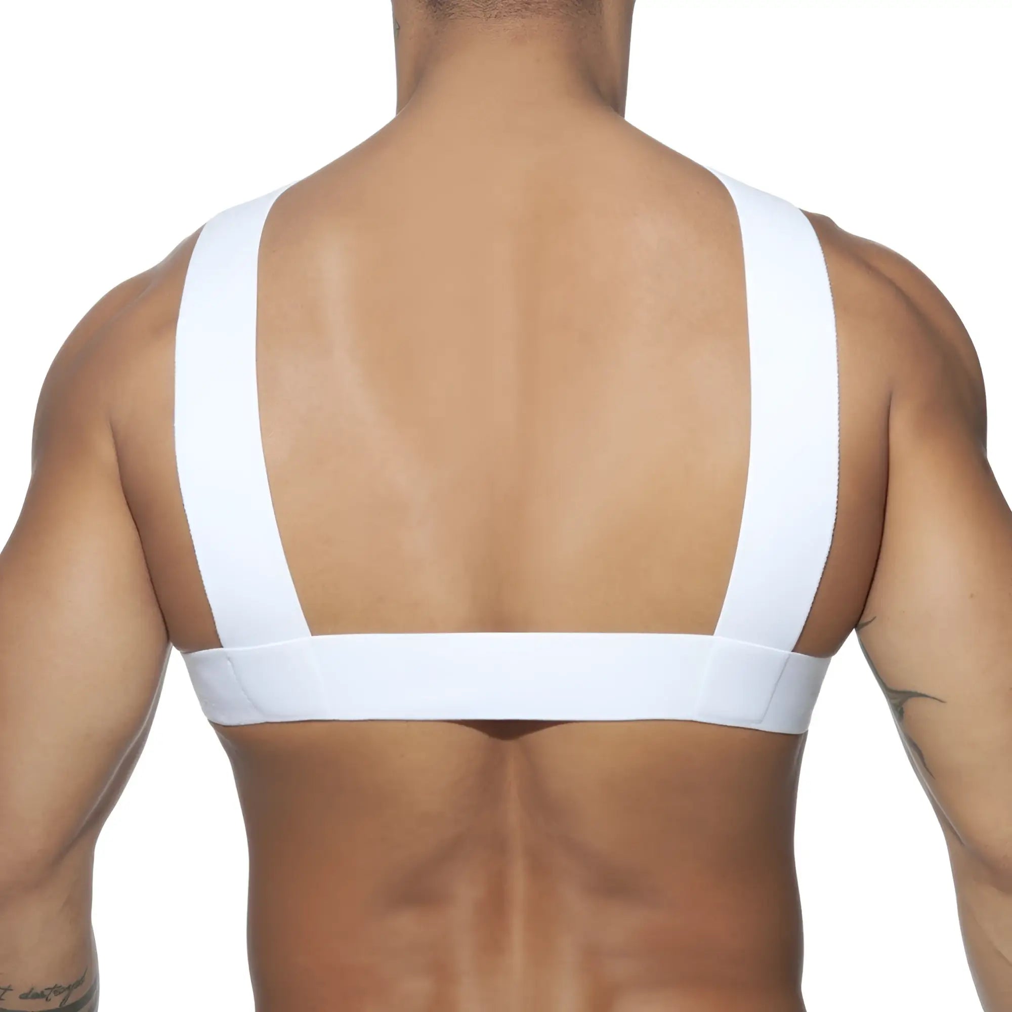 White minimalist sports bra double ring harness with wide shoulder straps and supportive band for active wear