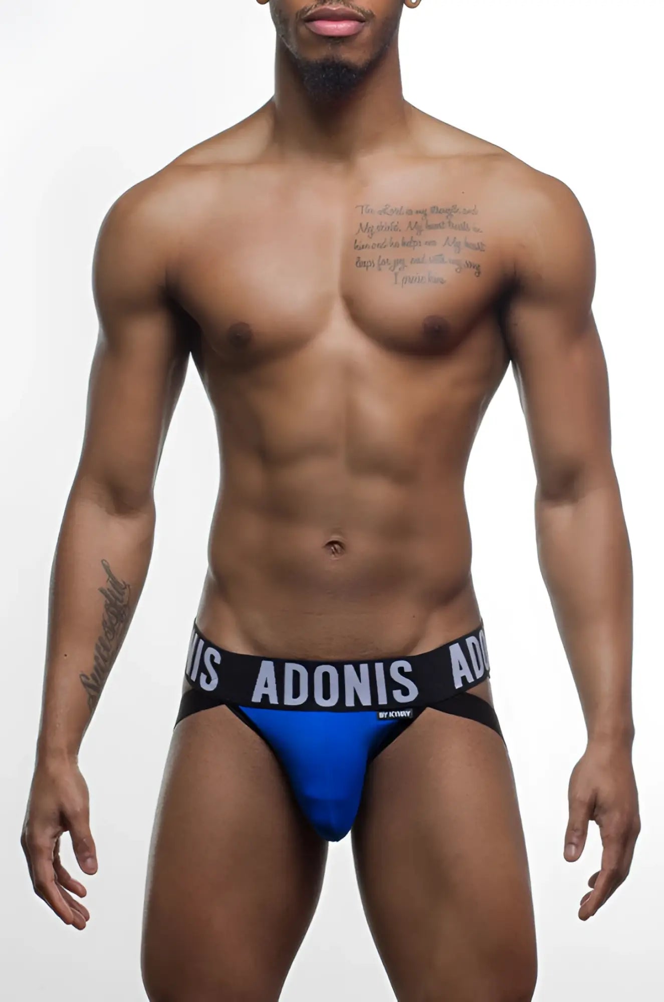 Blue and black athletic double-strap jock thong briefs with adonis branded waistband for activewear use