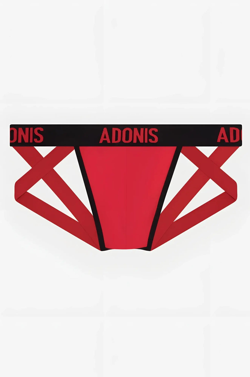 Double-Strap Red jock thong briefs in red and black with geometric x-pattern from adonis brand