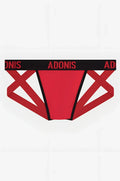 Double-Strap Red jock thong briefs in red and black with geometric x-pattern from adonis brand