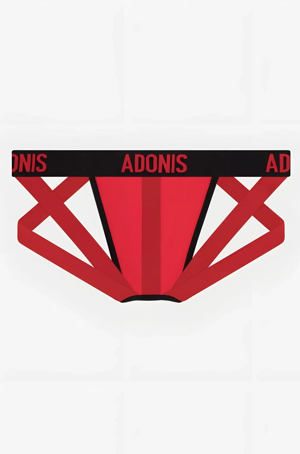 Red and black adonis branded double-strap jock thong briefs with geometric design showing front view