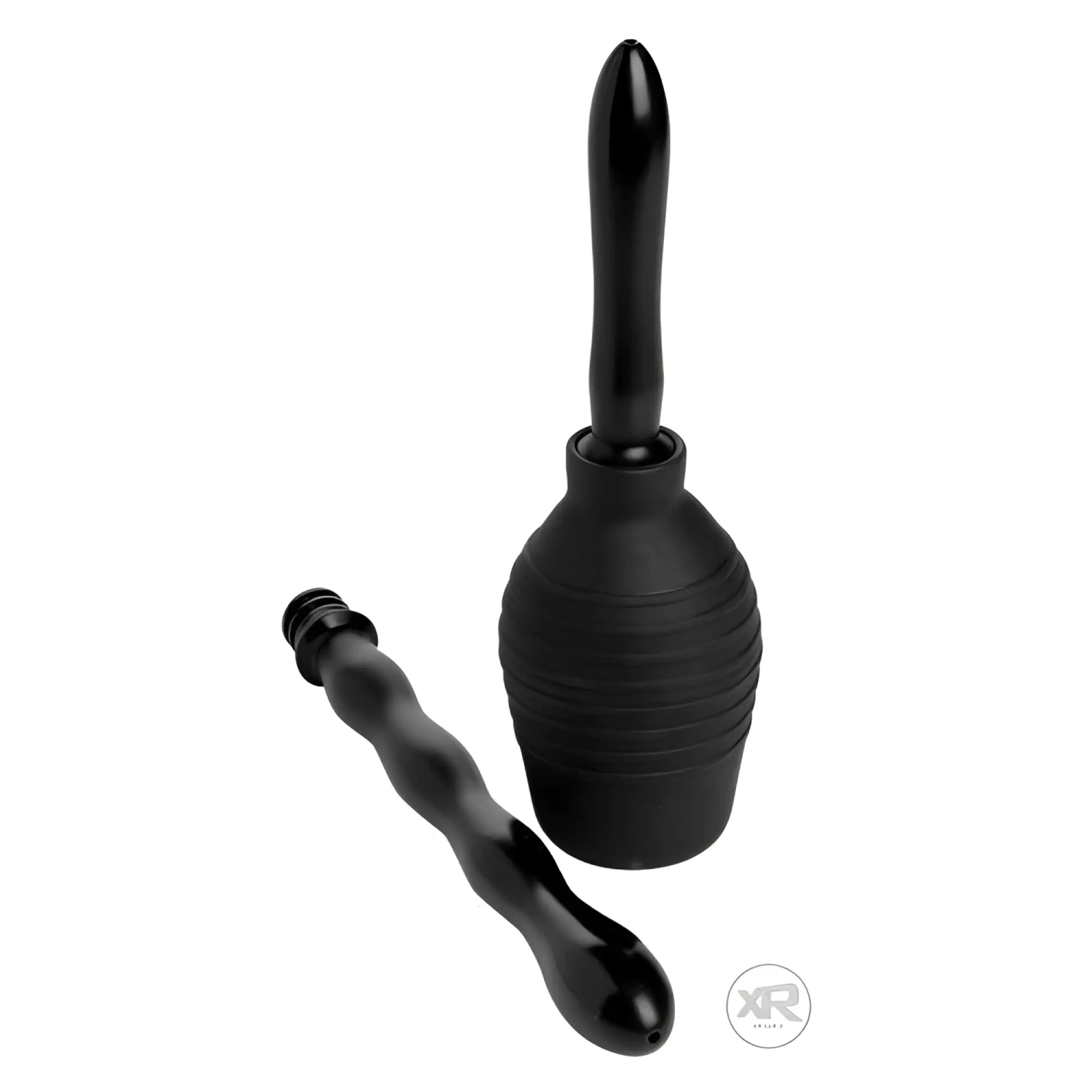 Black rubber double tip enema bulb system with textured grip and matching wand for anal cleansing