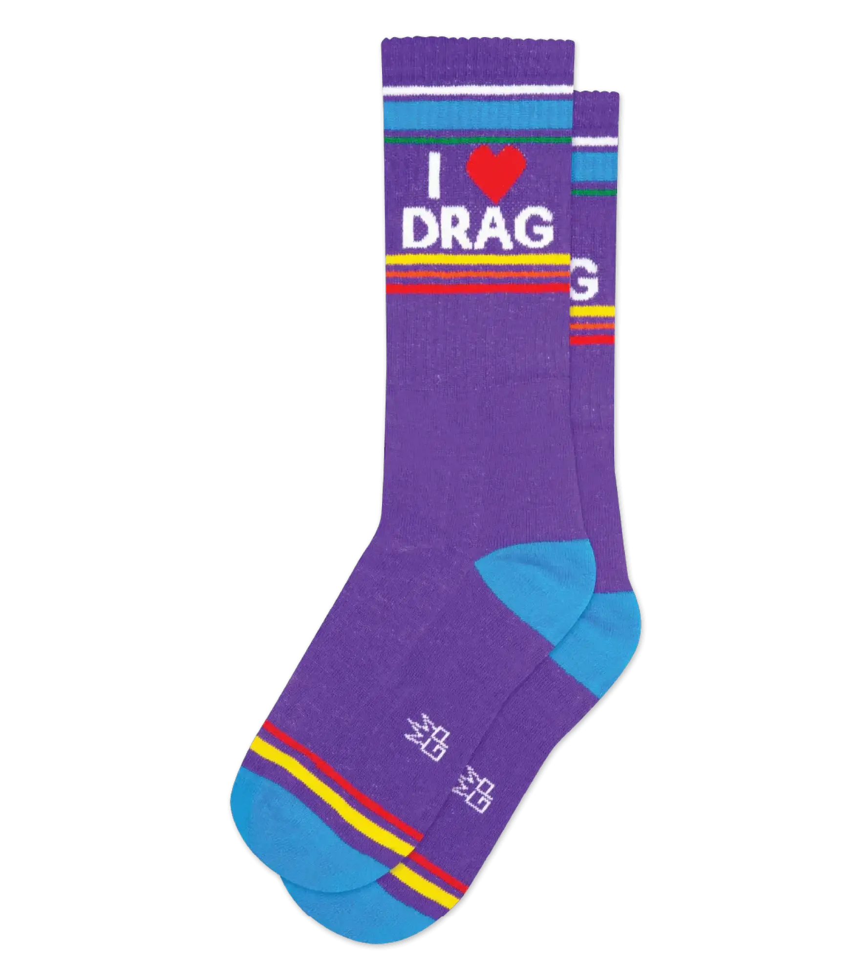 Purple i love drag crew socks with vibrant graphic blue toes and red yellow teal striped bands