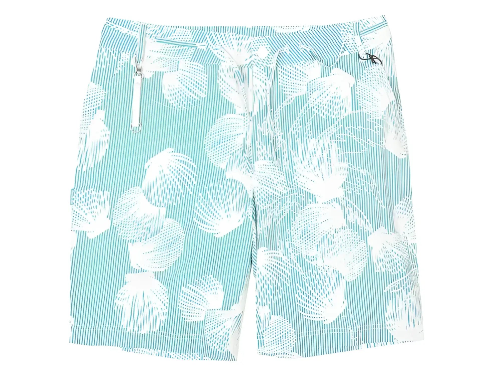 Teal and white seashell-patterned swim trunks with vertical stripes dreamland short for beachwear