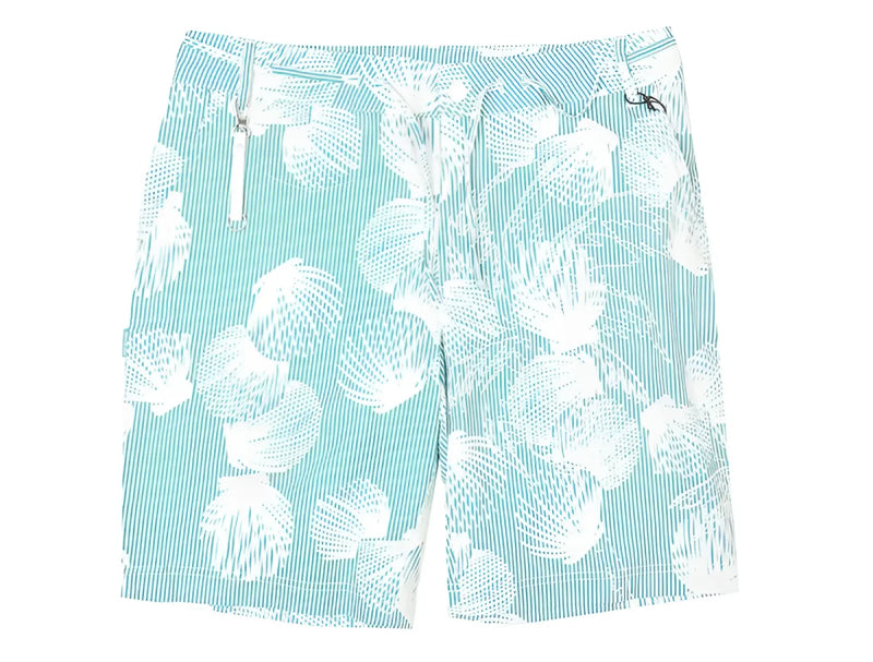 Teal and white seashell-patterned swim trunks with vertical stripes dreamland short for beachwear