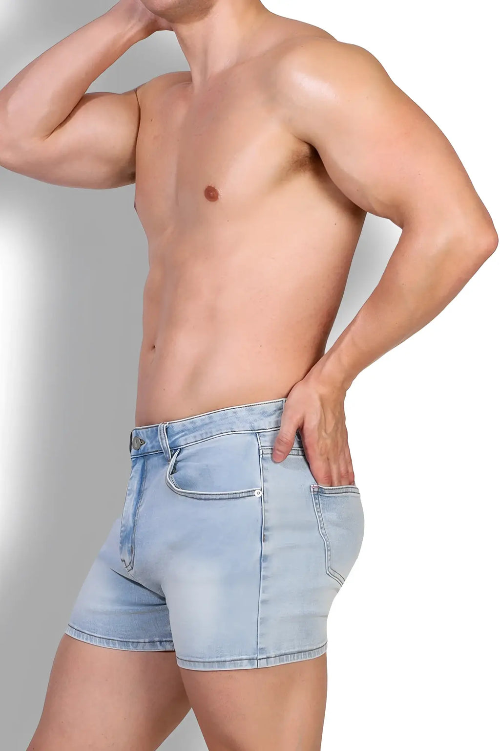 In-your-dreams 3.5 inch sky blue denim short shorts with classic five-pocket design and faded distressed look