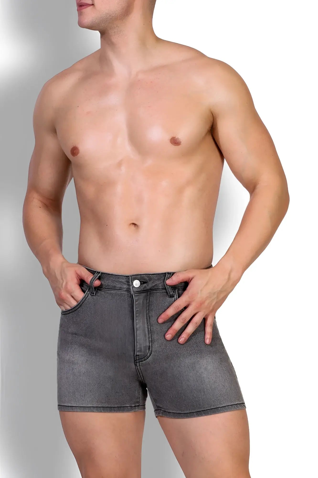 In-your-dreams 3.5 inch steel grey denim short shorts with classic five-pocket design and button closure