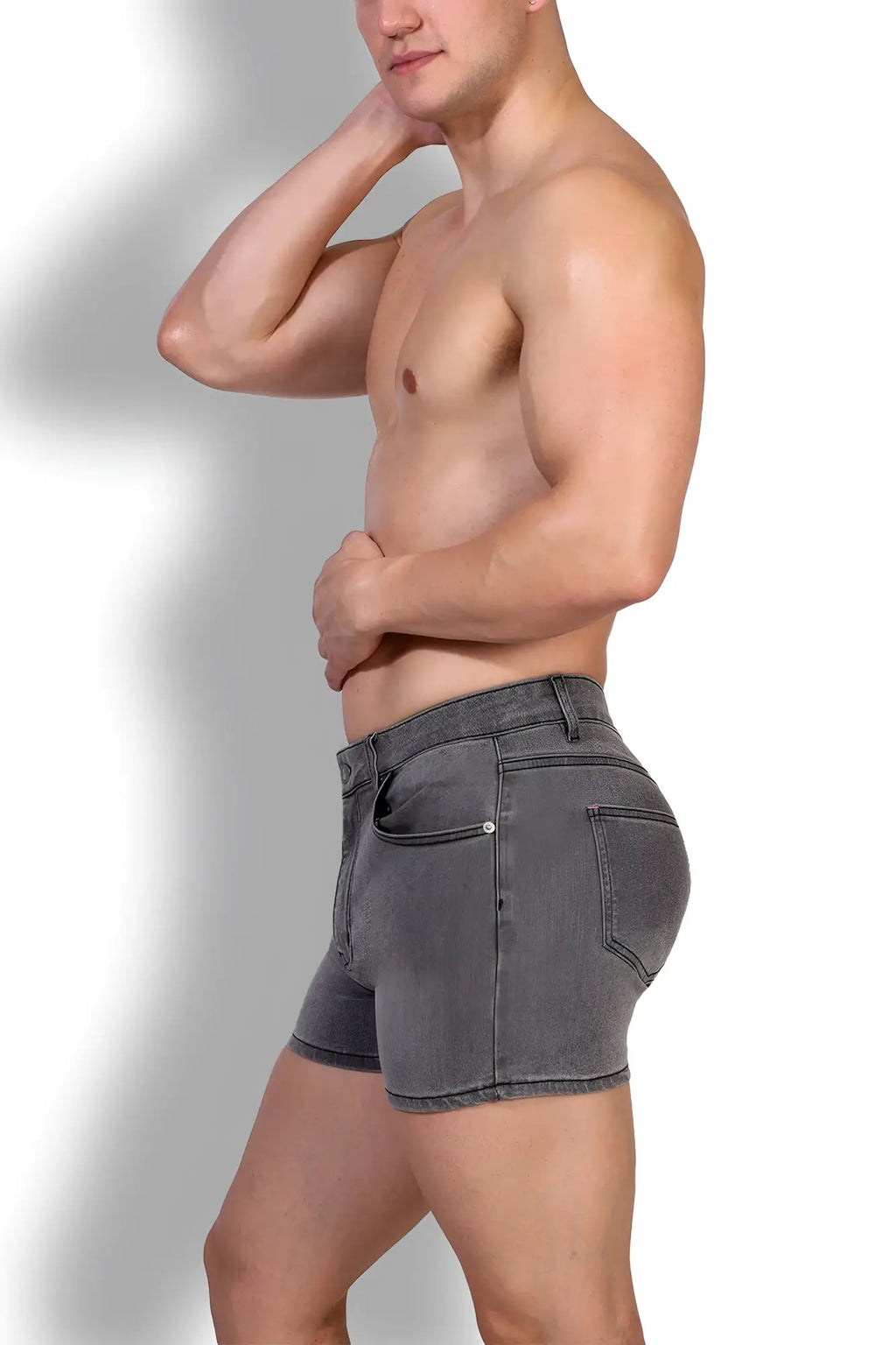 In-Your-Dreams 3.5 inch steel grey denim short shorts with fitted cut and classic five-pocket design in dark gray denim