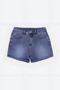 In-your-dreams 3.5 inch true blue denim short shorts with blue denim, classic five-pocket design, and silver-toned hardware