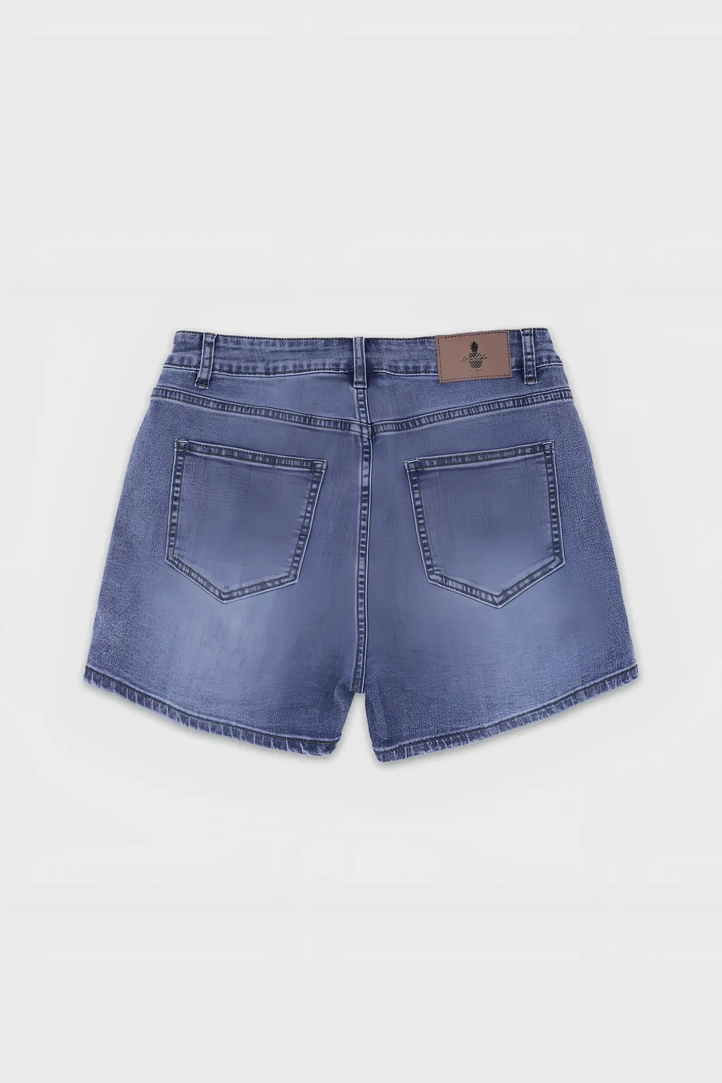 Back view of in-your-dreams 35 inch true blue denim short shorts with faded wash and two back pockets