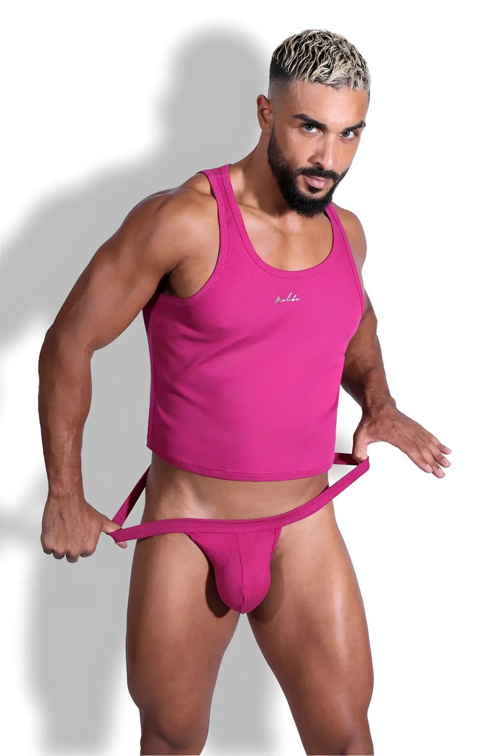 Vibrant dark pink ribbed cotton dreamy muscle fit cropped tank with matching jockstrap set front view