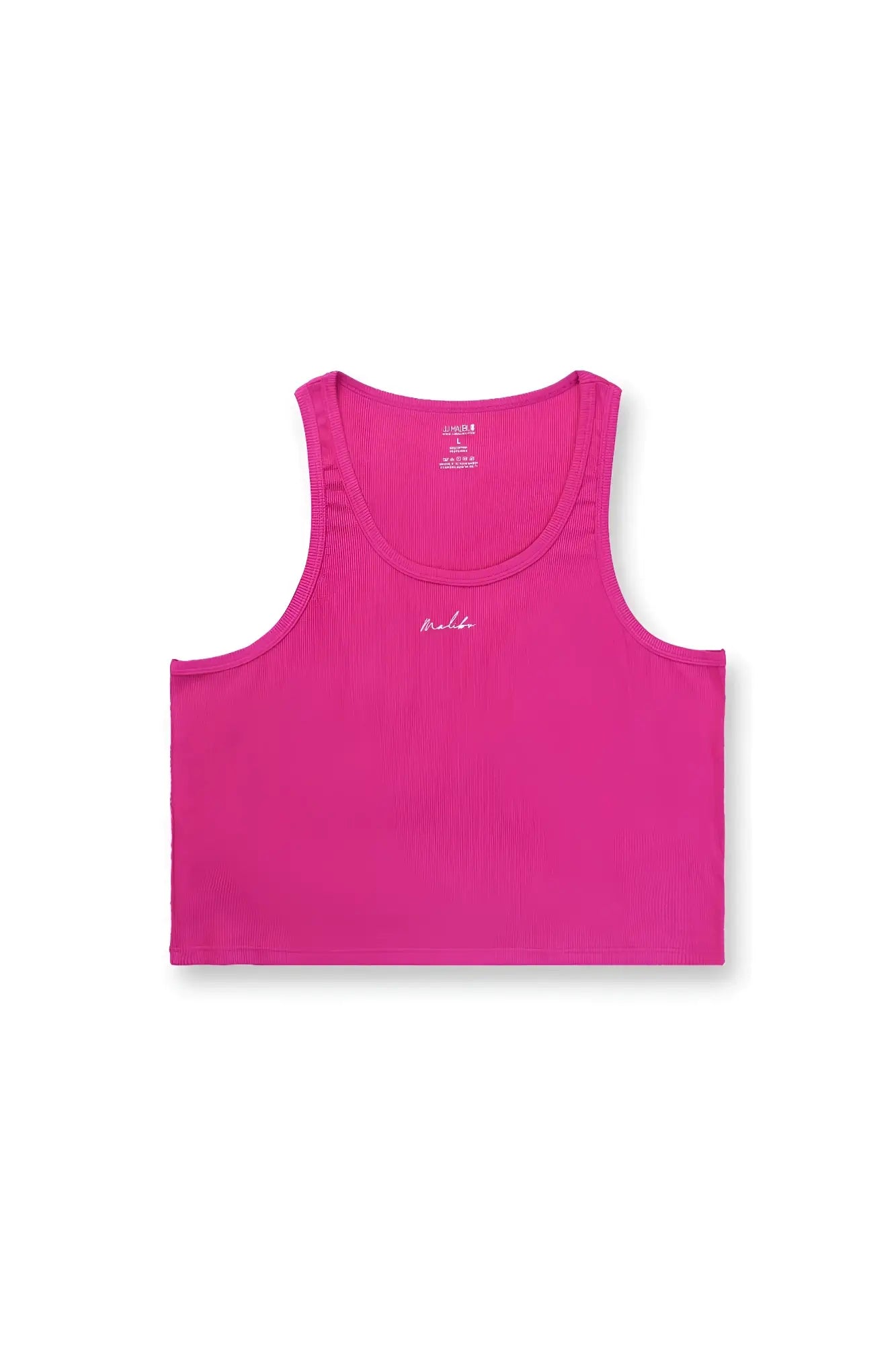 A vibrant dark pink ribbed muscle fit cropped tank with subtle white embroidered logo on the chest