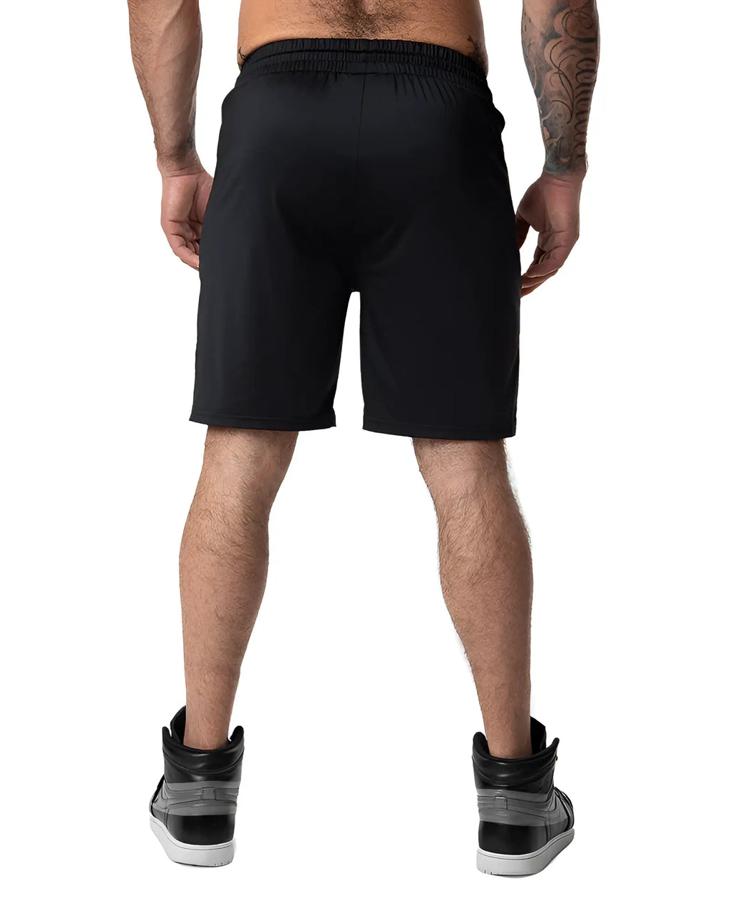 Black drill short athletic shorts with elastic waistband and smooth lightweight fabric for sports and training
