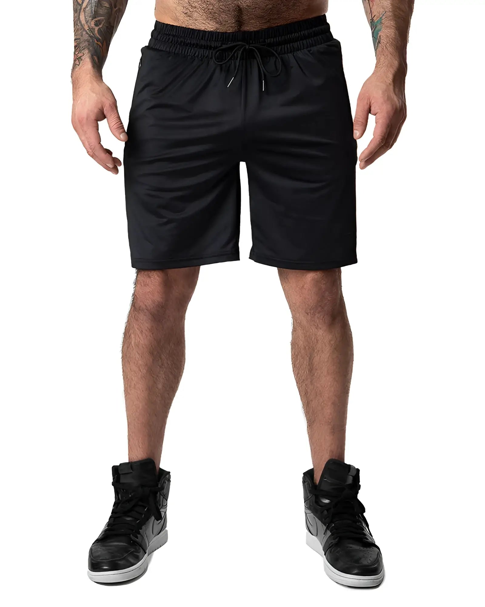 Black drill short athletic shorts with elastic waistband and drawstring made of smooth lightweight fabric