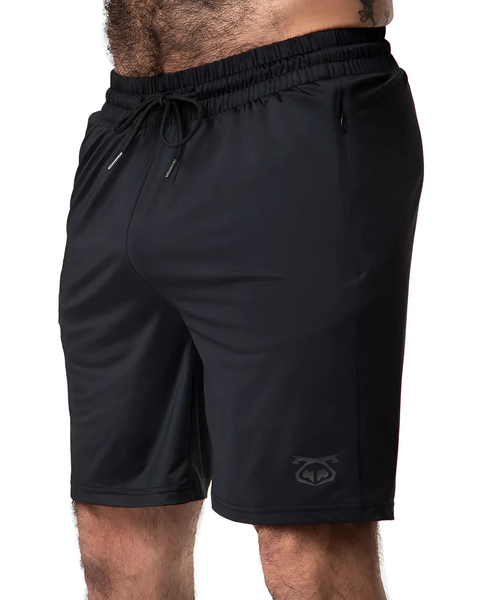 Black drill short athletic shorts with elastic waistband drawstring and subtle logo on lower right leg