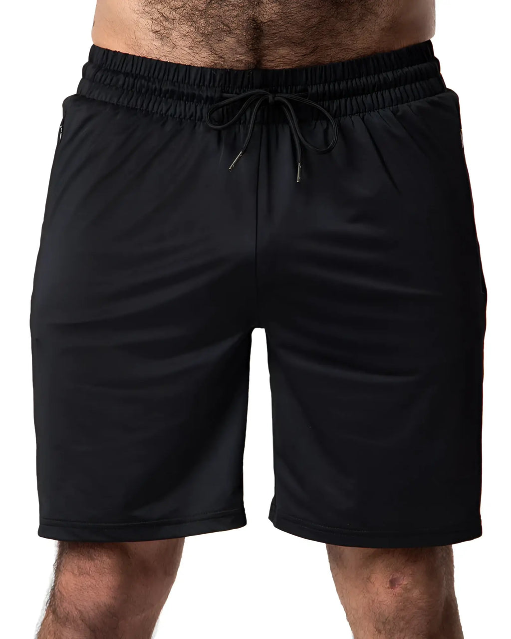Black drill short athletic shorts with elastic waistband and matching drawstring for comfortable training