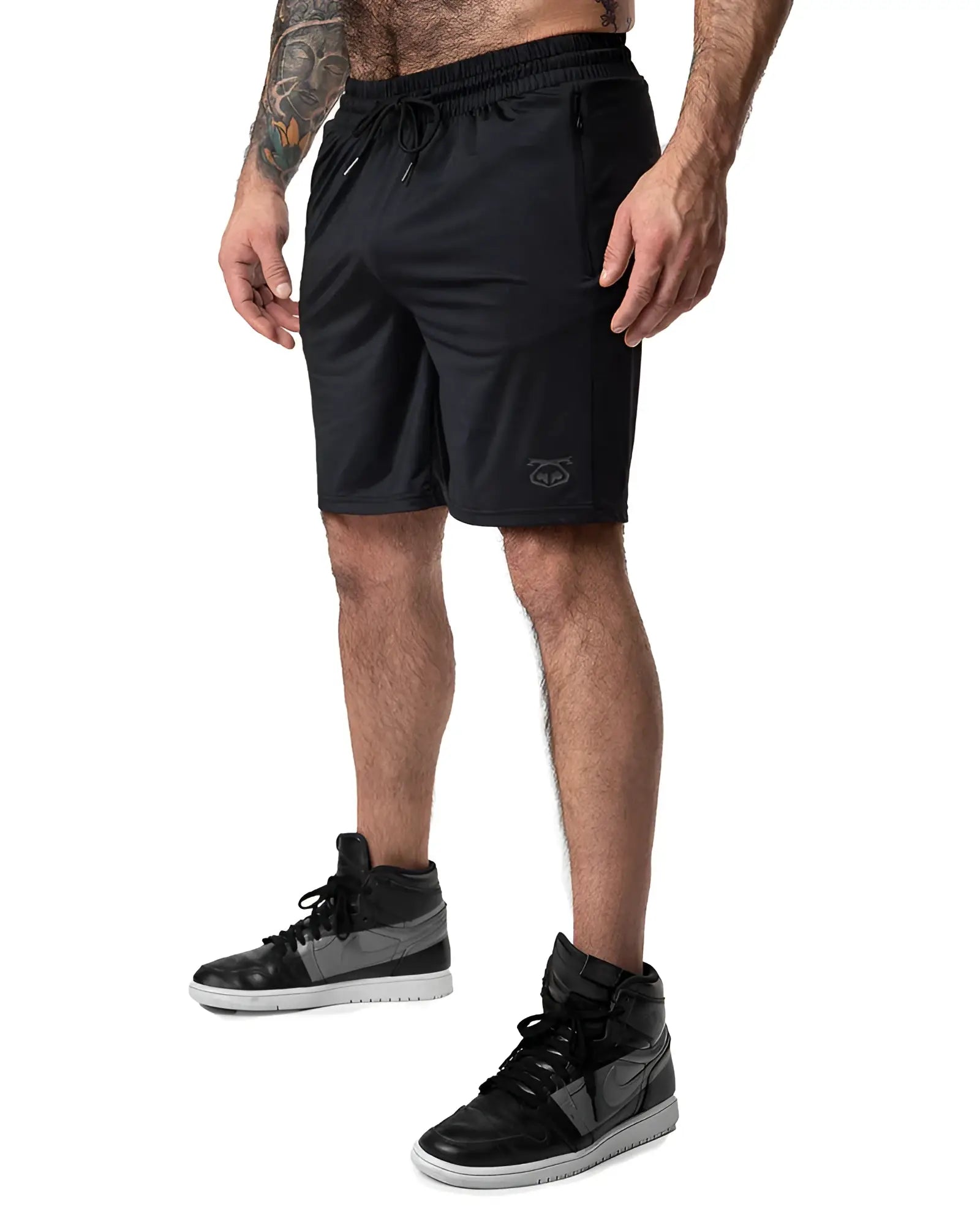 Black drill short athletic shorts with drawstring waistband and subtle logo on lower left leg for training use