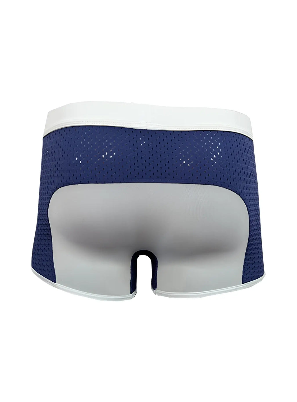 Dual tone trunk blue and gray athletic briefs with white waistband breathable mesh sides and padded rear panel back view