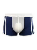 Navy blue dual tone trunk mesh boxer briefs with white trim and three vertical stripes on each leg