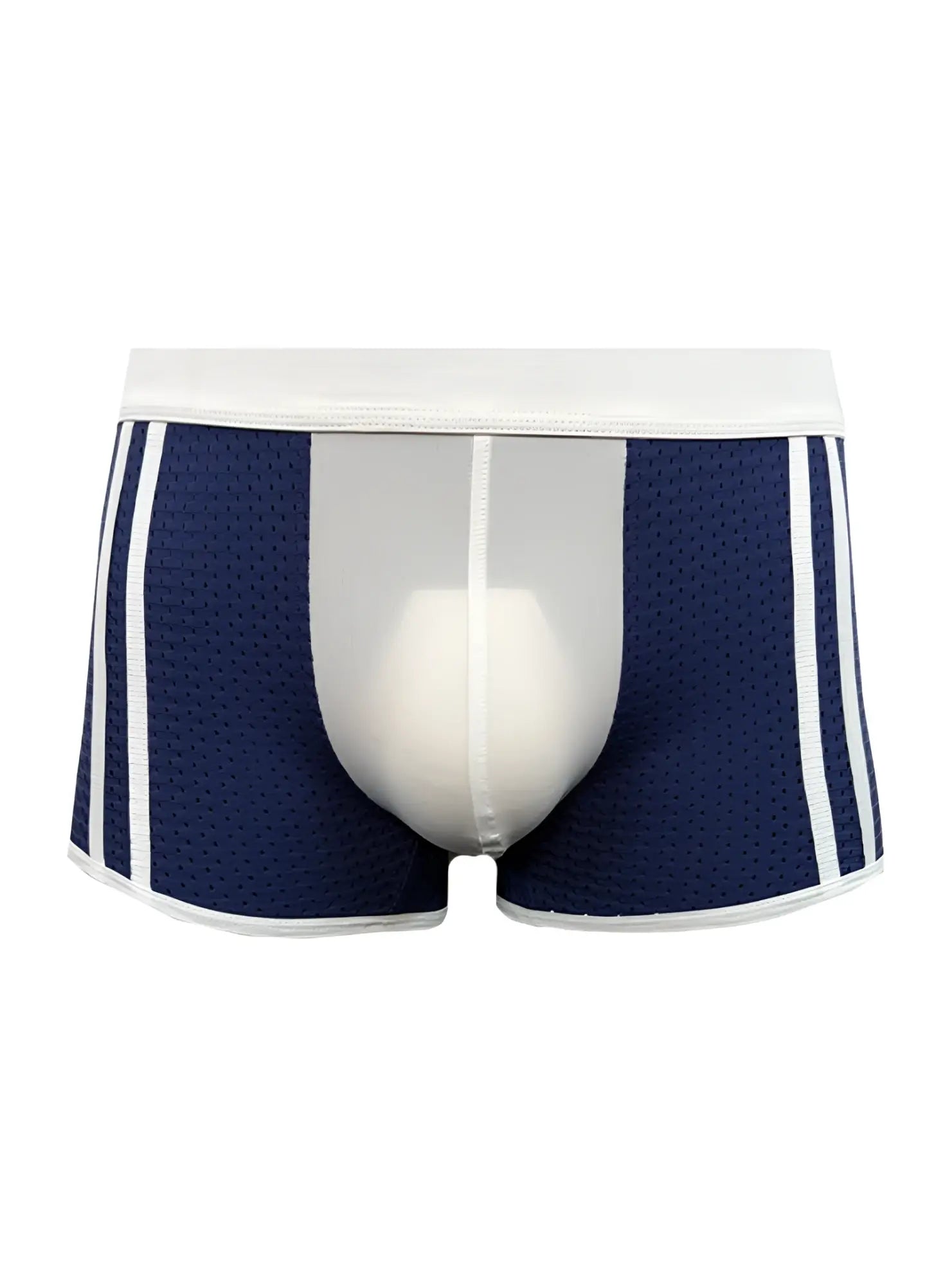 Navy blue dual tone trunk mesh boxer briefs with white trim and three vertical stripes on each leg