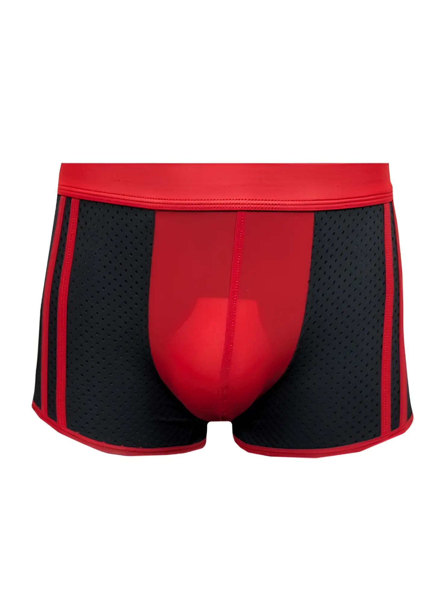 Red and black dual tone trunk athletic briefs with mesh design and bold red stripes along the sides
