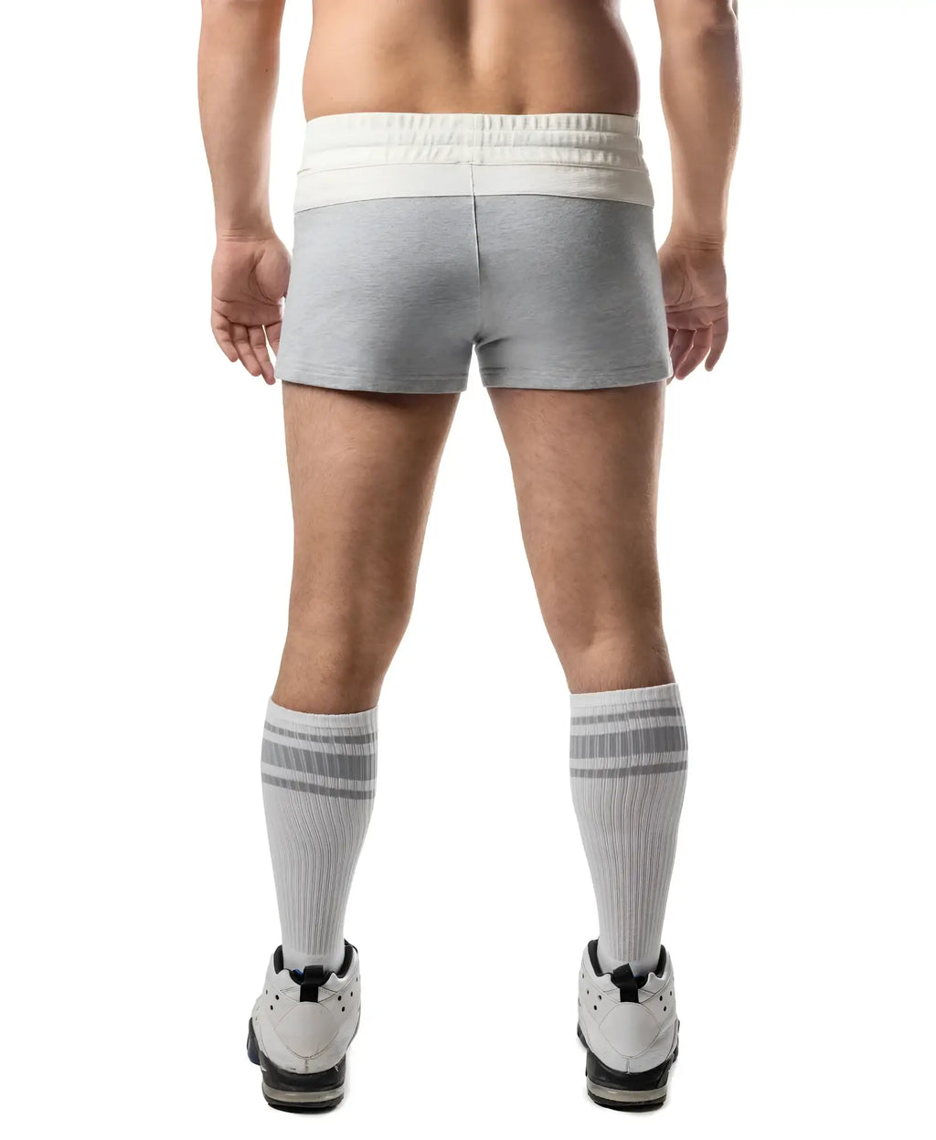 Gray dual trunk short athletic shorts with contrasting white elastic waistband for activewear use