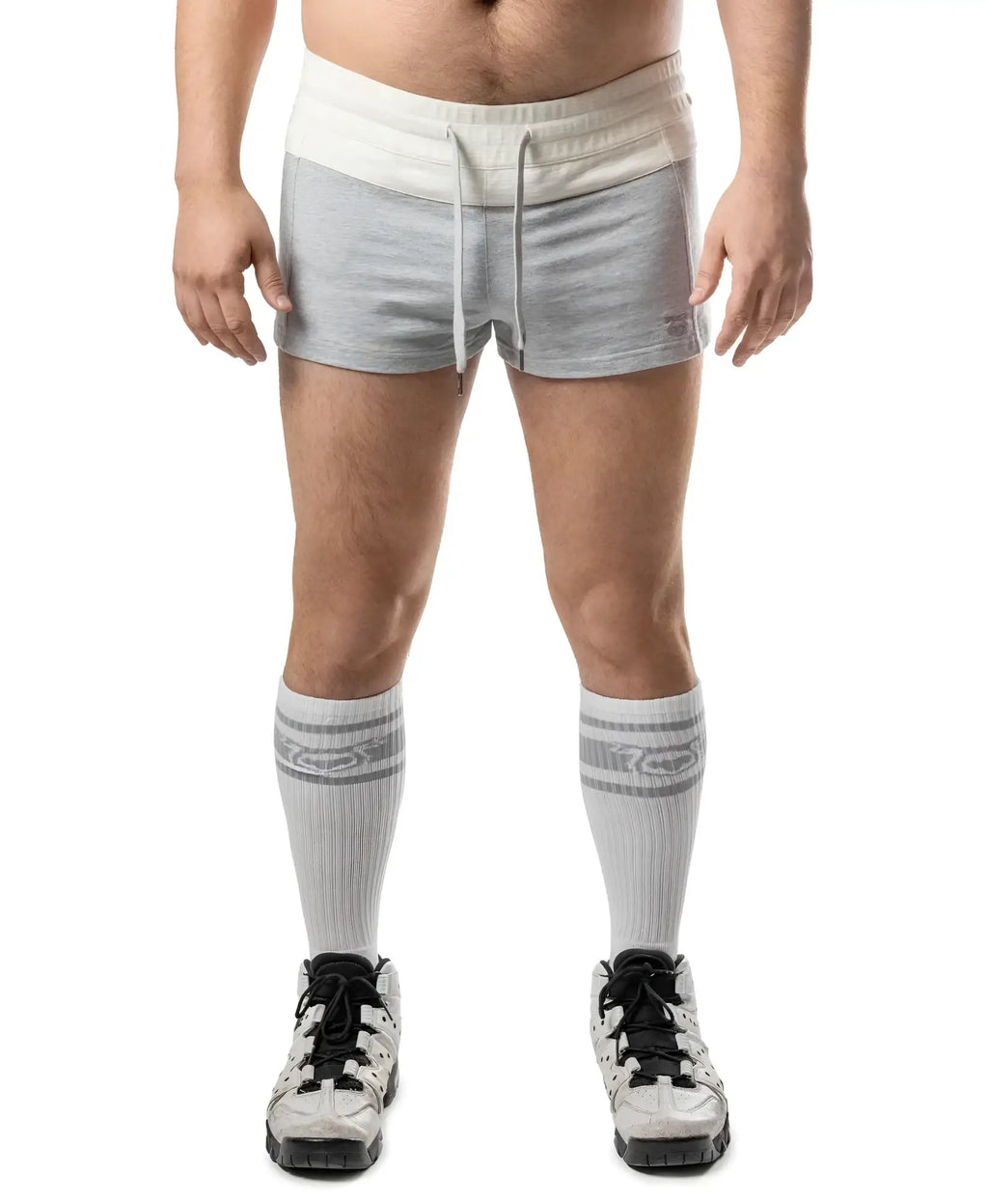 Gray and cream dual trunk short athletic shorts with drawstring waistband for active wear