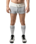Gray and cream dual trunk short athletic shorts with drawstring waistband for active wear