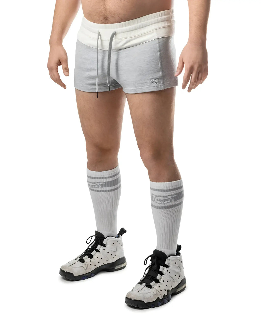 Dual trunk short gray and white athletic shorts with drawstring waistband designed for active wear