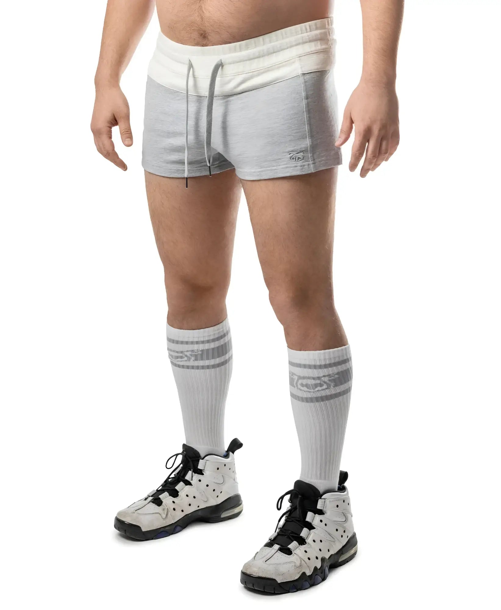 Dual trunk short gray and white athletic shorts with drawstring waistband designed for active wear
