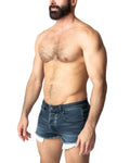 Dark blue denim duke short with frayed hem and white trim for casual summer wear
