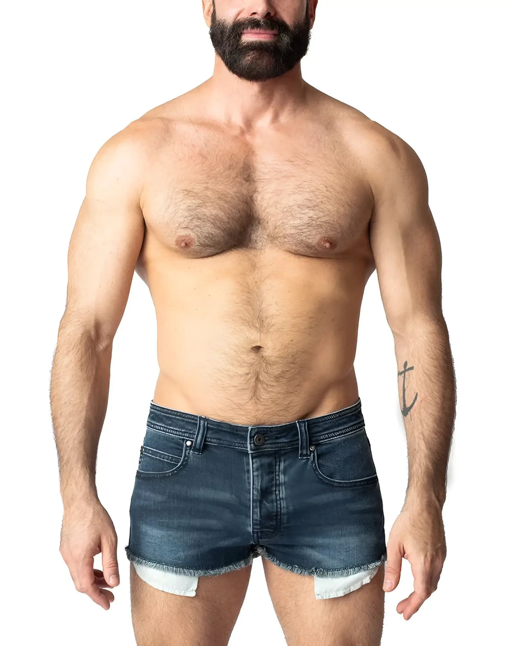 Dark blue denim duke shorts with frayed hems and classic five-pocket design front view