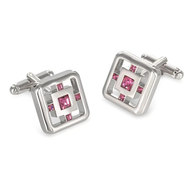 Duncan Walton porter silver square cufflinks with pink gemstone geometric pattern size one size