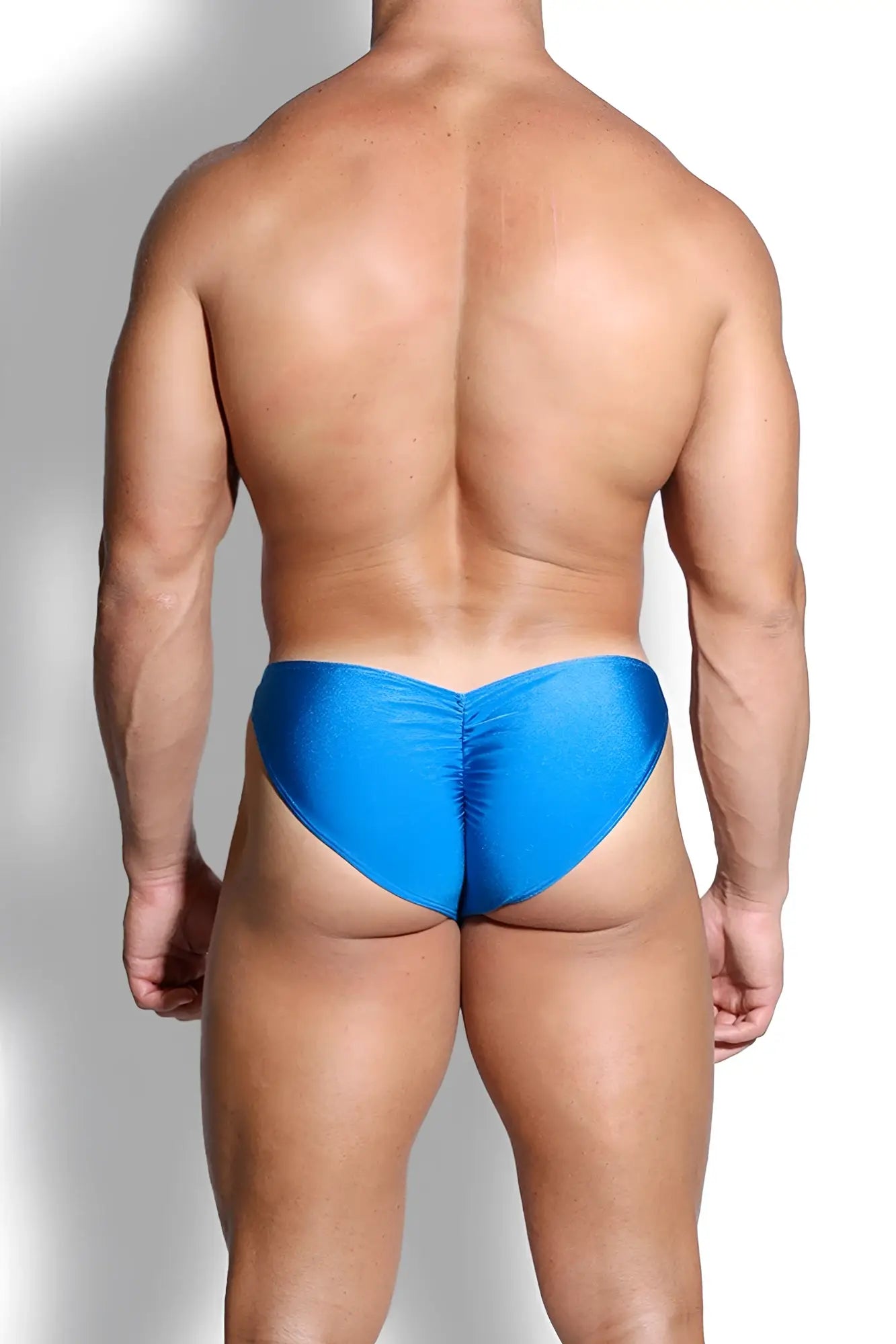 Bright blue shiny fabric briefs with ruched back design dynamic classic scrunch butt brief neon blue back view