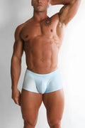 Dynamic sheen boxer briefs in arctic blue feature light blue fabric with a subtle brand logo on the waistband