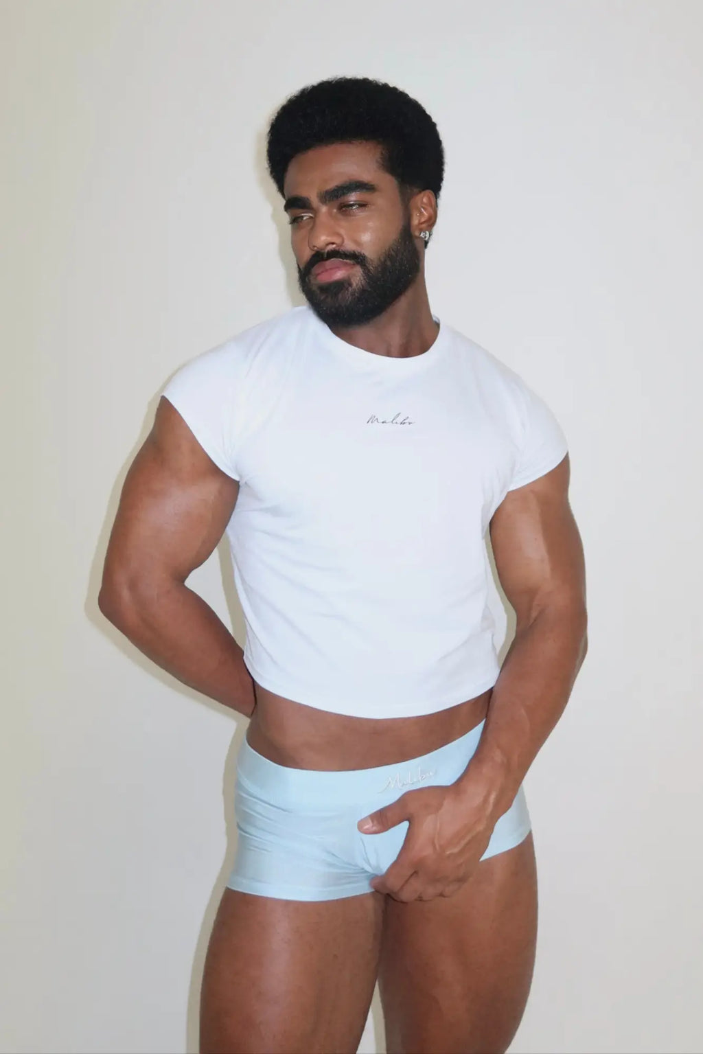 White cropped t-shirt with subtle embroidered logo on chest paired with dynamic sheen boxer briefs in arctic blue