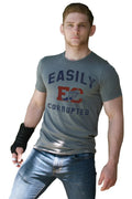 Gray premium heather easily corrupted short-sleeved t-shirt with red winged ec logo and navy blue text on the front