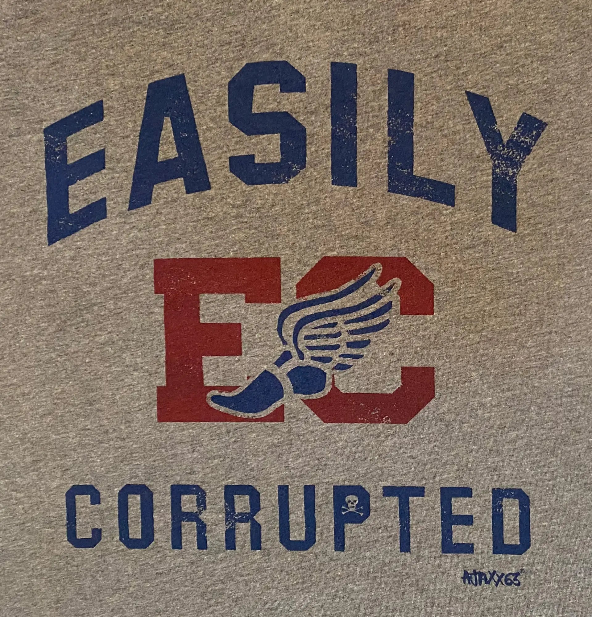 Heather gray premium t-shirt with vintage easily corrupted navy graphic and red ec winged shoe design
