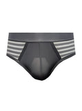 Easy stretch brief black and gray striped men’s briefs with breathable mesh panel for comfortable wear