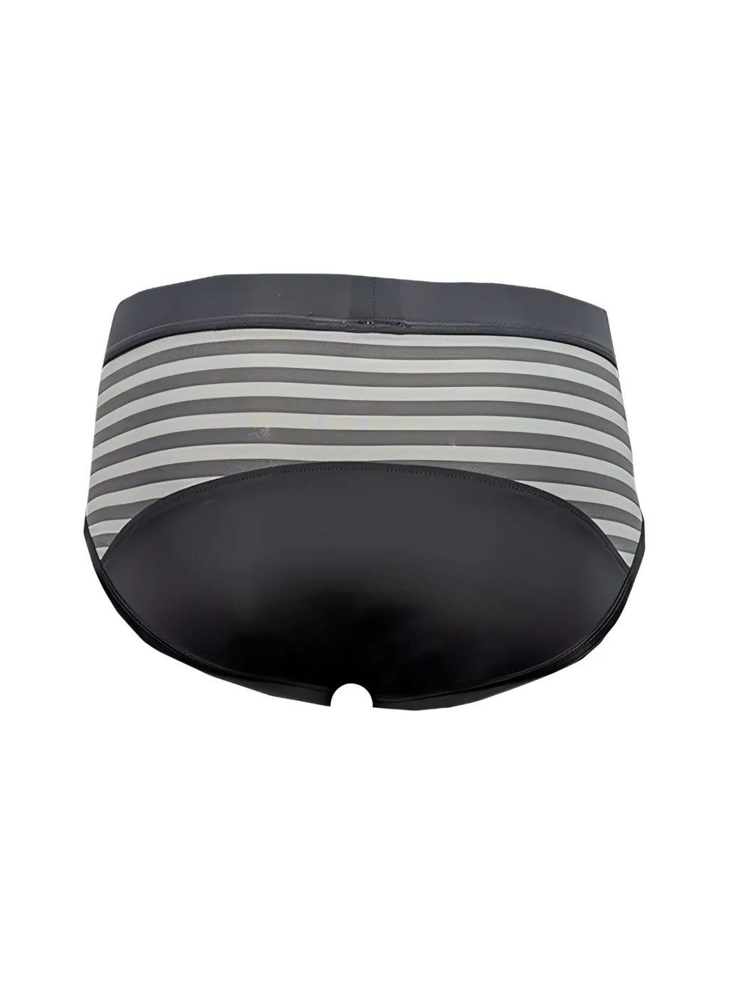 Easy stretch brief with gray and white stripes and black leather-like front panel for comfortable wear