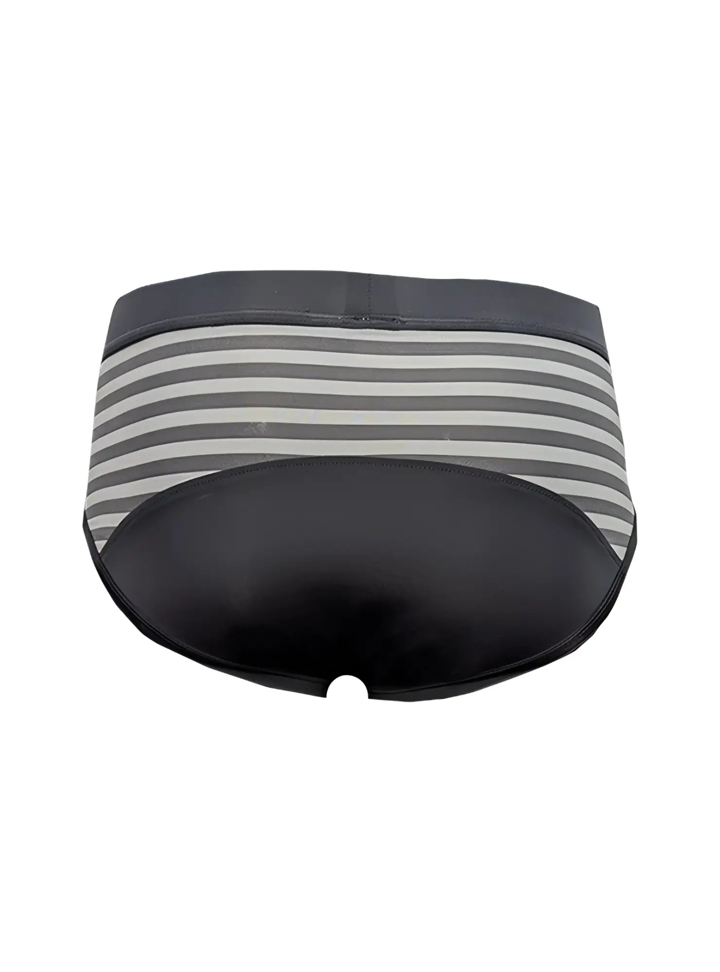 Easy stretch brief with gray and white stripes and black leather-like front panel for comfortable wear