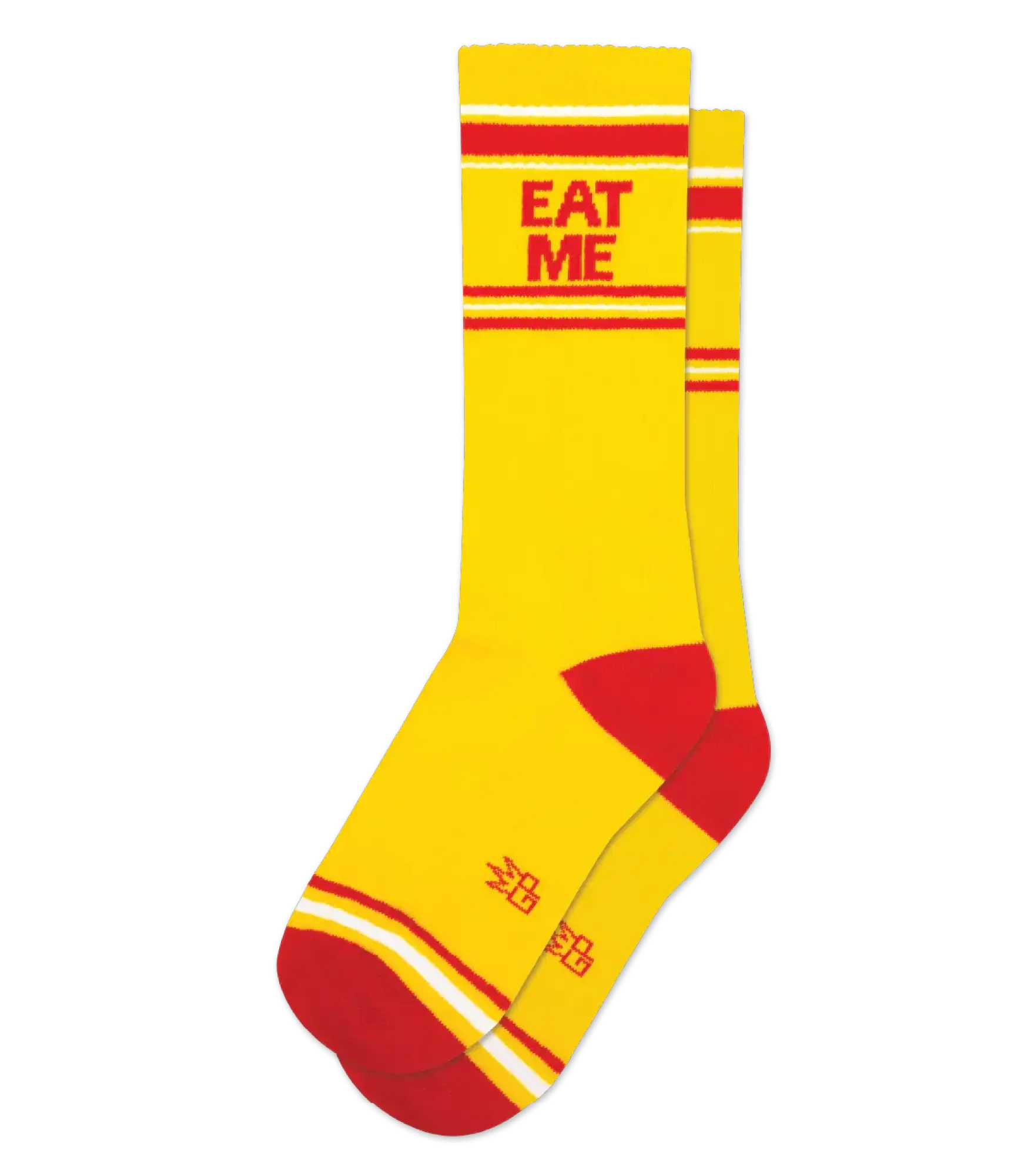 Bright yellow eat me crew socks with red accents and bold red eat me text on the cuff