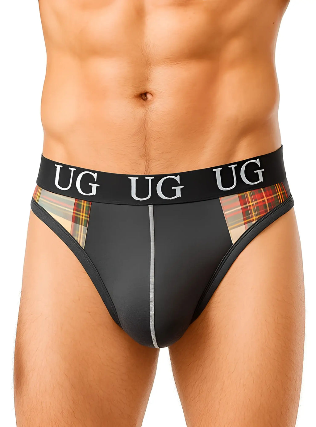 Black ug edge cotton thong briefs with plaid side panels and silver seam showing front design