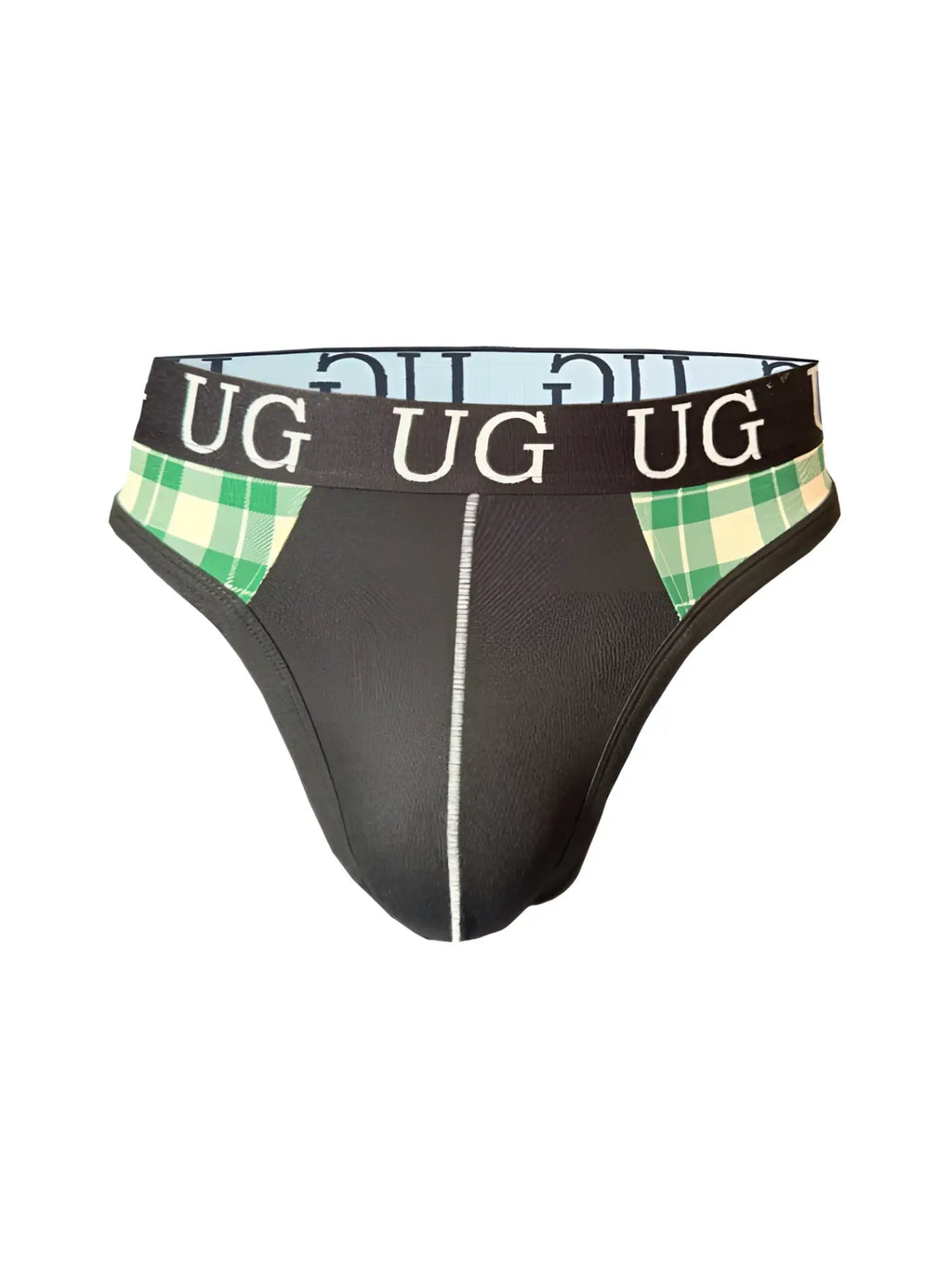 Black edge cotton thong underwear with green and white plaid side accents and white vertical center seam