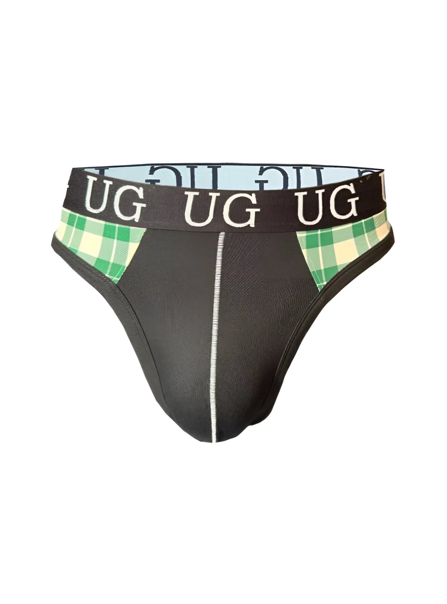 Black edge cotton thong underwear with green and white plaid side accents and white vertical center seam