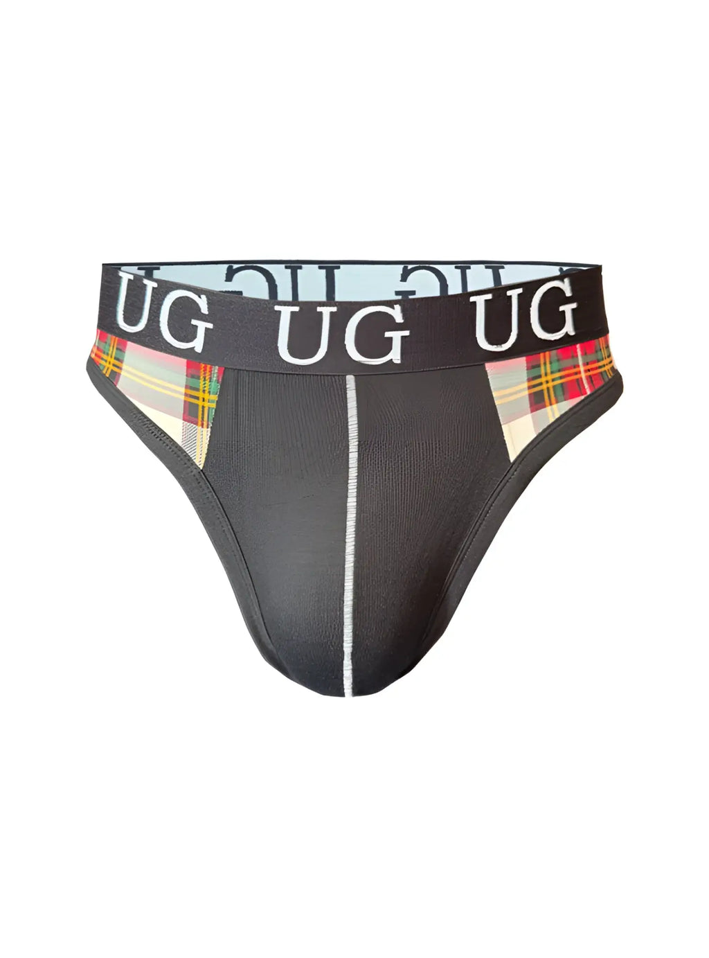 Black edge cotton thong underwear with plaid side panels and white center stitching