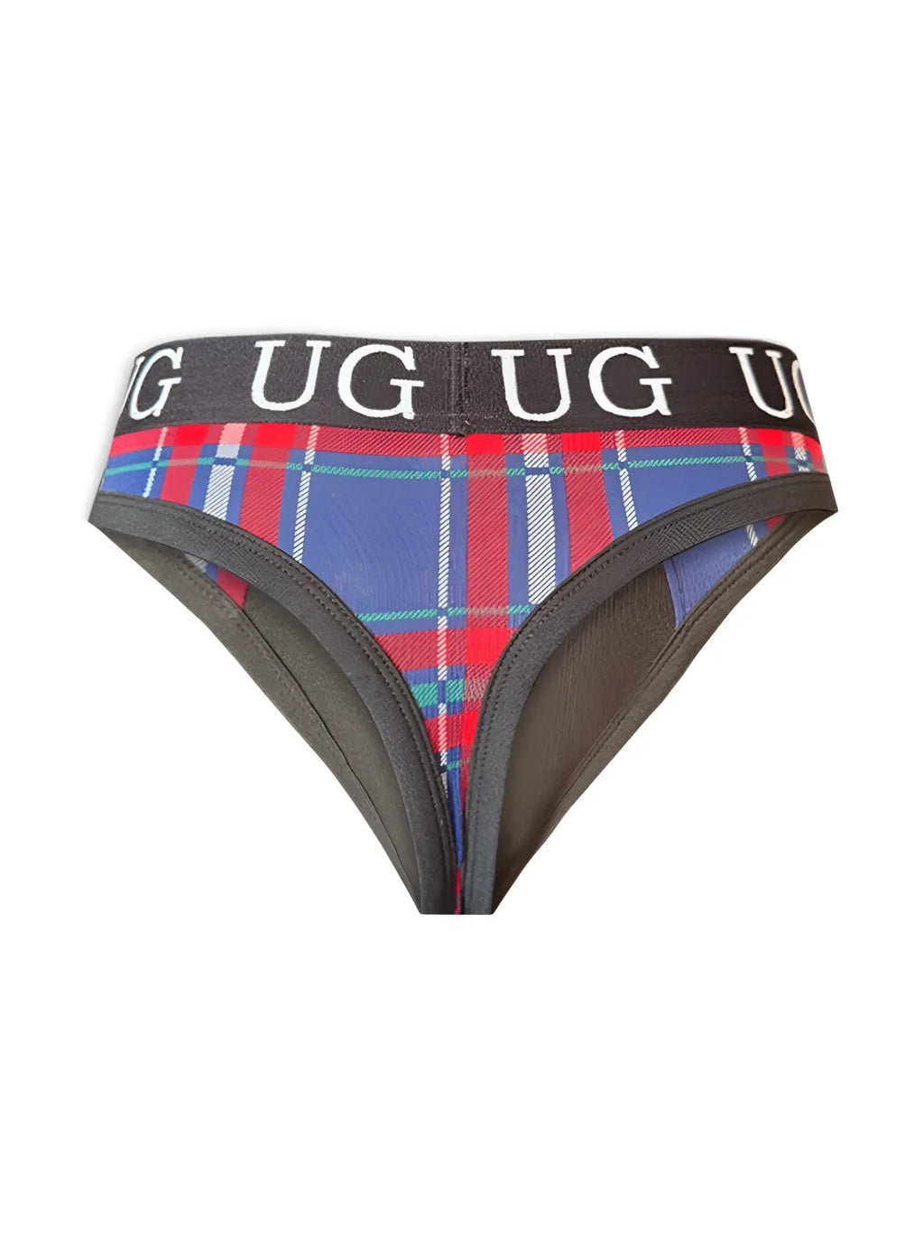 Edge cotton thong underwear in red blue and white plaid cotton with black elastic waistband featuring the logo