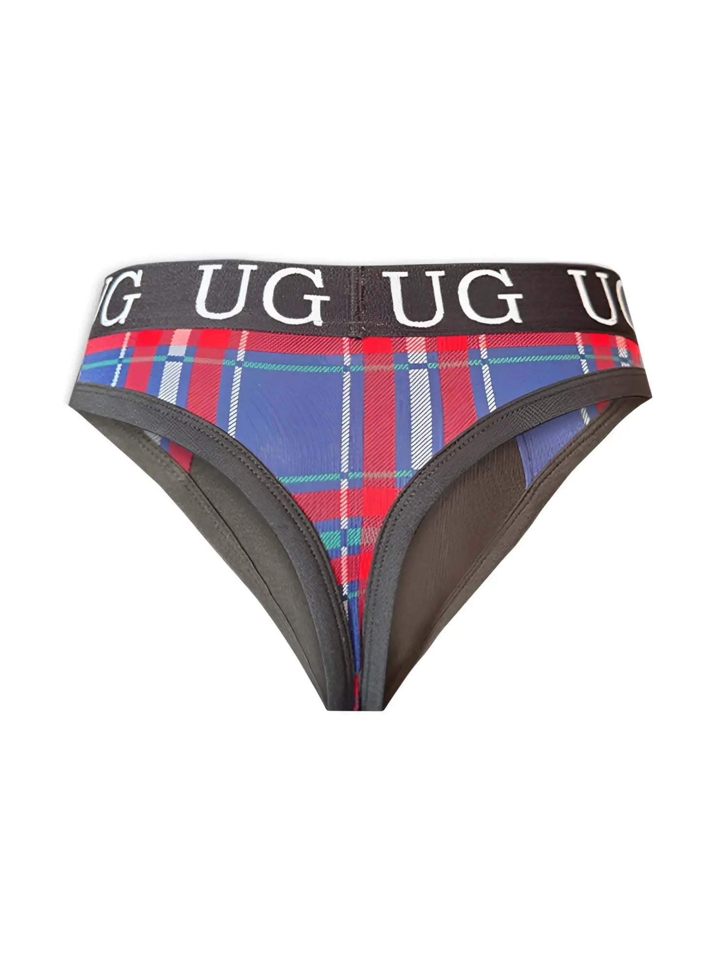 Edge cotton thong underwear in red blue and white plaid cotton with black elastic waistband featuring the logo