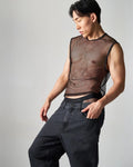 Black mesh sleeveless edge net mesh muscle tank with fitted semi-transparent design for casual wear