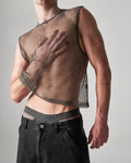 Dark gray mesh muscle tank top with fitted cropped design and reinforced shoulder seams edge net mesh muscle tank